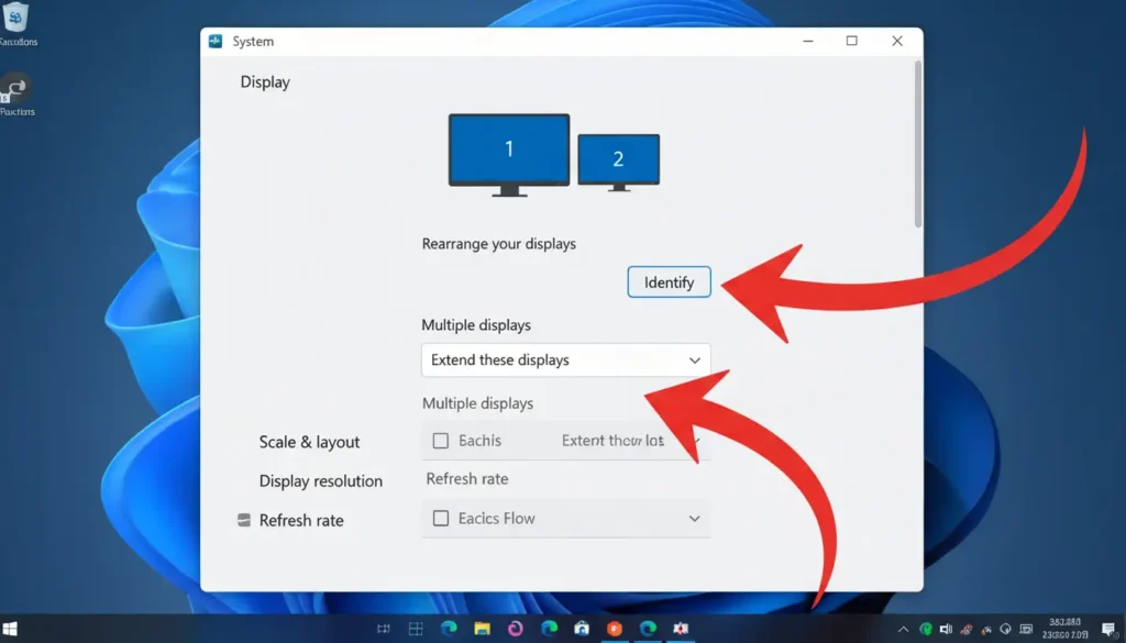 Windowsのディスプレイ設定画面で2画面を拡張設定する様子