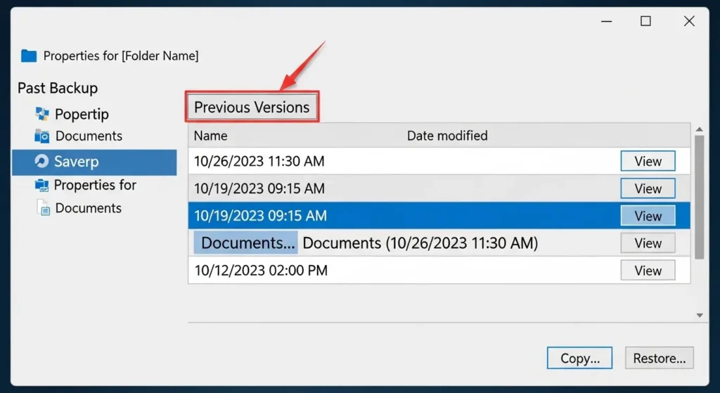 Windowsのフォルダプロパティにある以前のバージョンタブの画面