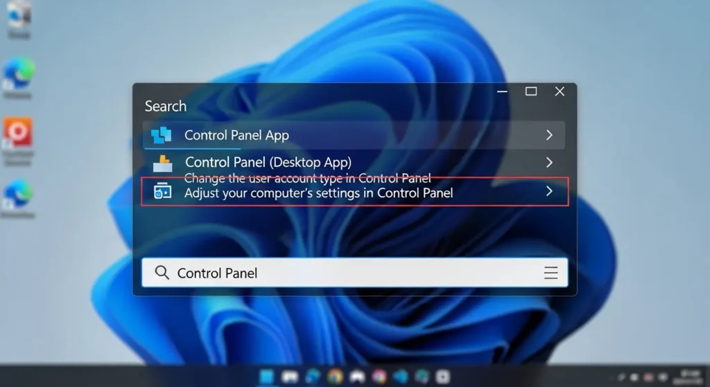 Windowsの検索機能を使用してコントロールパネルから復元設定にアクセスする様子