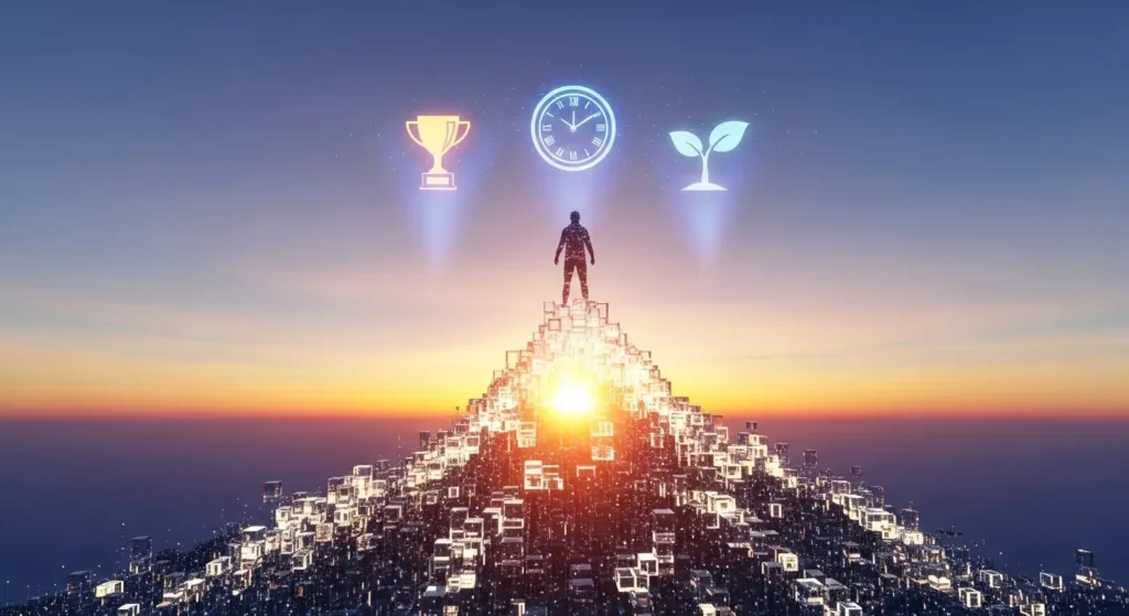 AIツールを使いこなし、ビジネスの頂点を目指すビジネスパーソンのイメージ