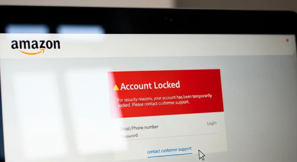 Amazonのアカウント凍結警告が表示されたパソコン画面。