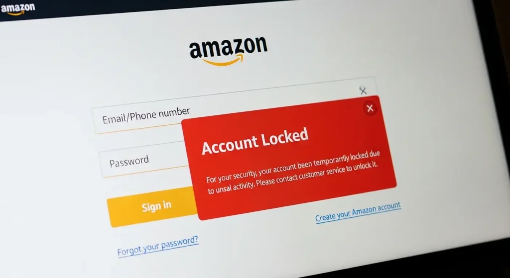 Amazonのアカウント凍結警告が表示されたパソコン画面
