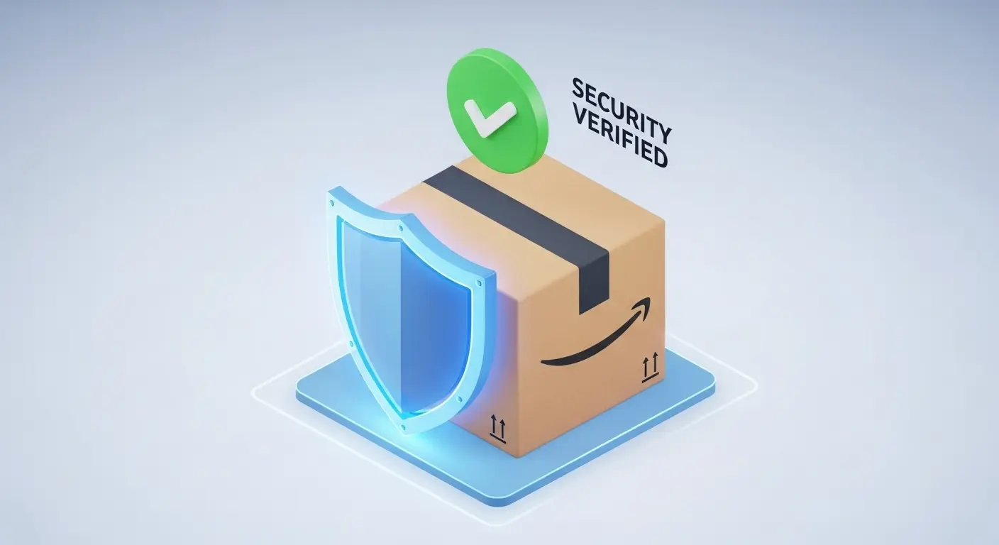 Amazonアカウントの凍結解除とセキュリティ保護を象徴する3Dイラスト。