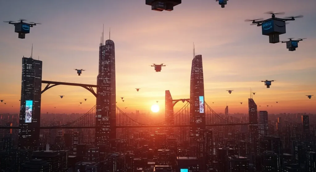 未来の物流を象徴する日の出とドローンの風景