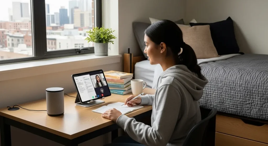 最新のスマートスピーカーとタブレットを活用する学生