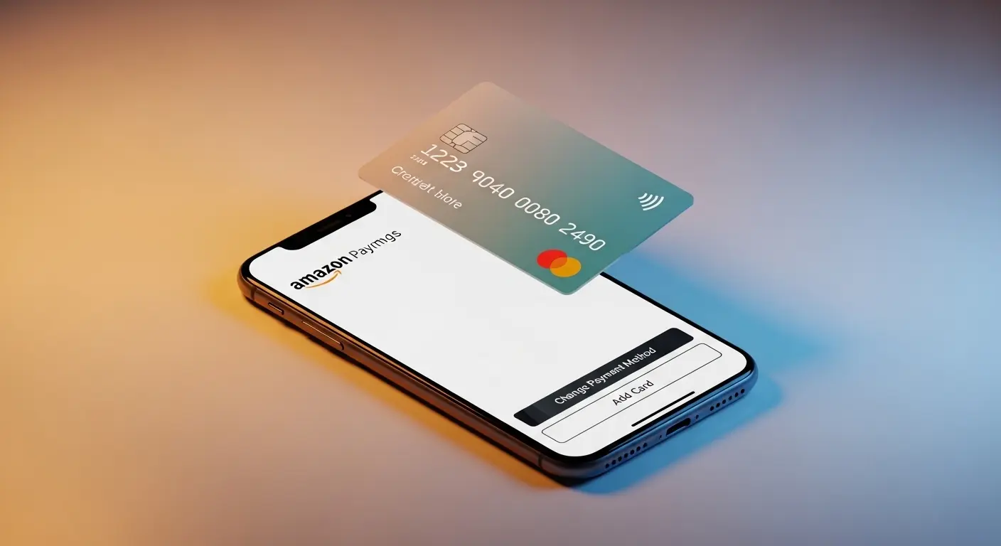 amazonの支払い方法変更画面を操作するスマートフォンのイラスト