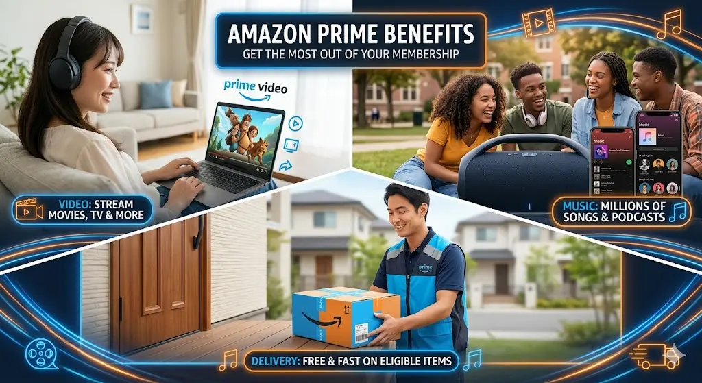 Amazonプライムの主要特典のコラージュ画像。