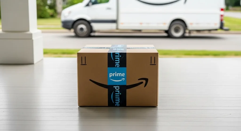 Amazonプライムの青いテープが貼られた配送ボックス
