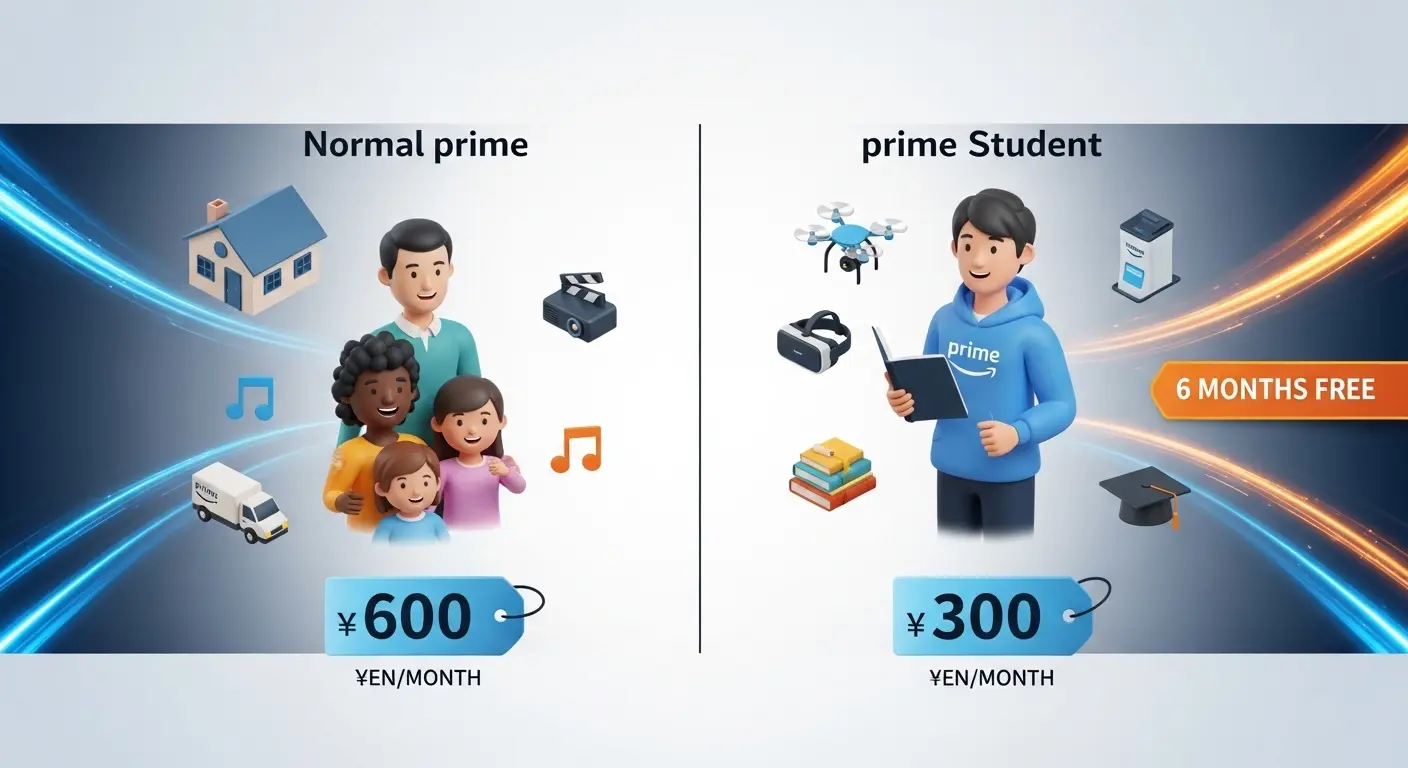Amazonプライム通常会員とStudentの違いを比較した3Dイラスト