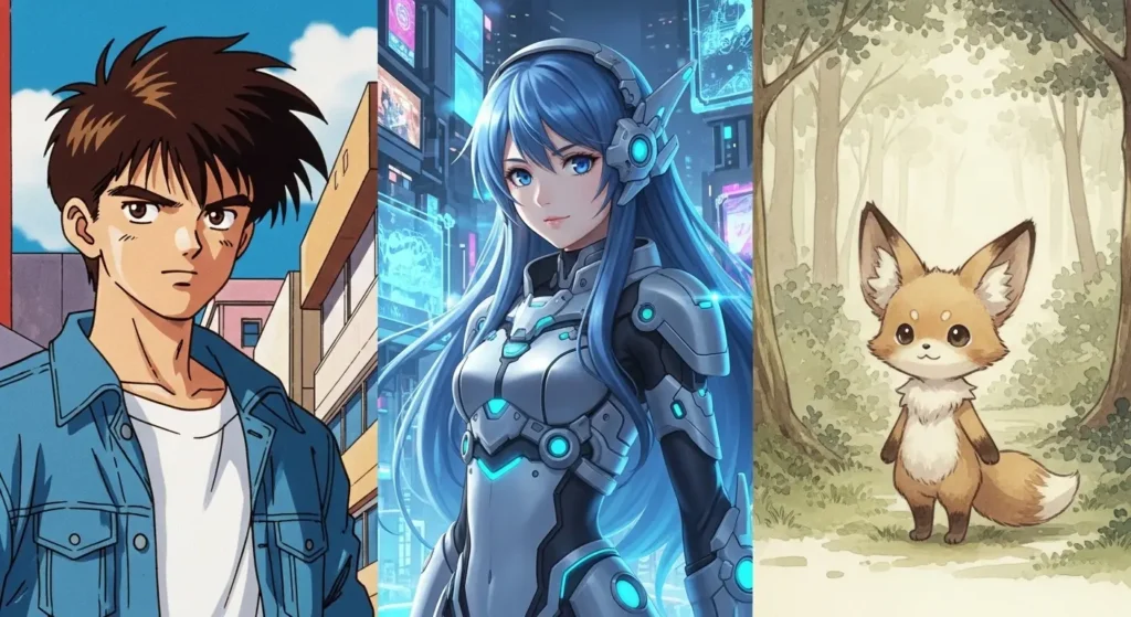 Stable Diffusionのアニメ系モデルによる異なる画風の比較画像。