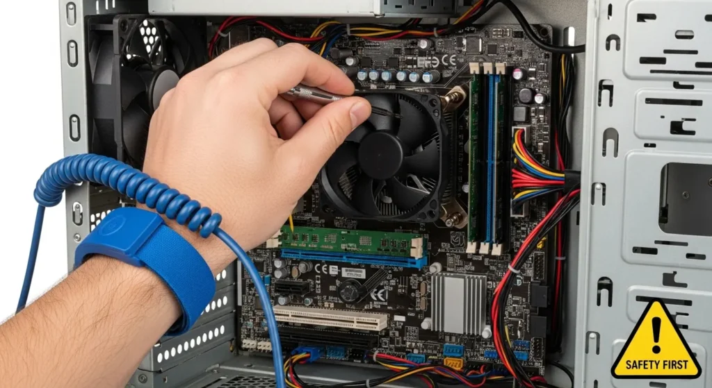 静電気防止リストバンドを着用してPC作業を行う様子