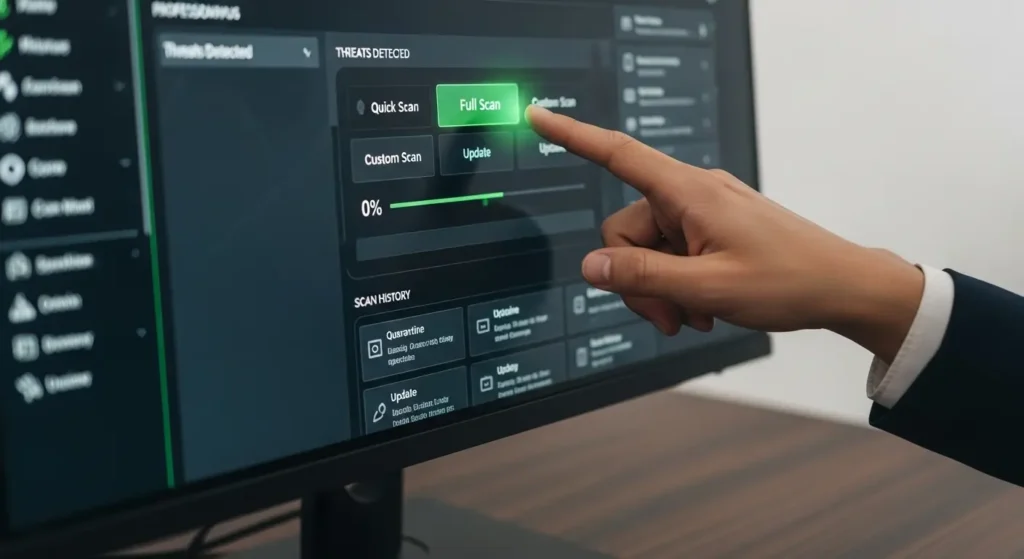 セキュリティソフトでフルスキャンを開始する操作画面