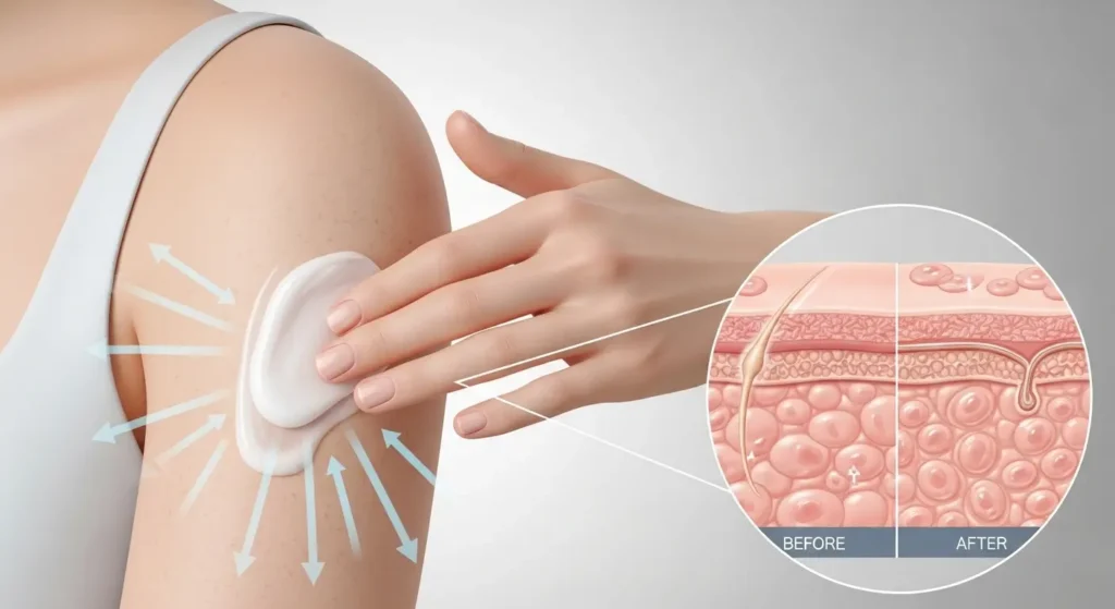 二の腕に尿素配合のクリームを塗り、角質を柔らかくする様子