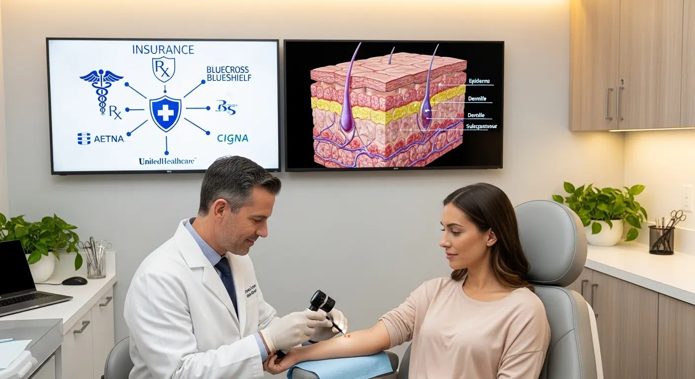 皮膚科で医師が腕のほくろを診察し、保険適用の可否を判断している様子