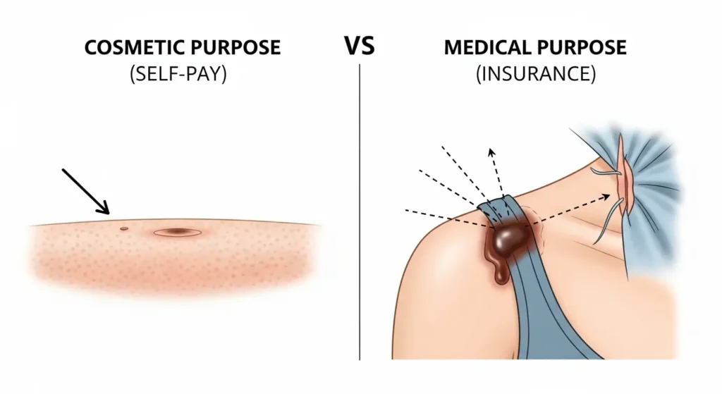 皮膚科で医師が腕のほくろを診察し、保険適用の可否を判断している様子