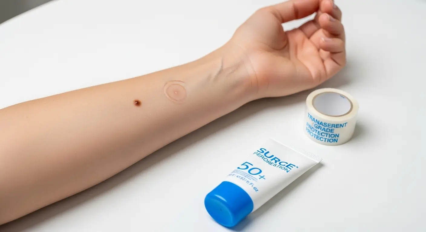 腕のほくろ除去前後の比較と、傷跡ケアに必要な保護テープと日焼け止めのイメージ