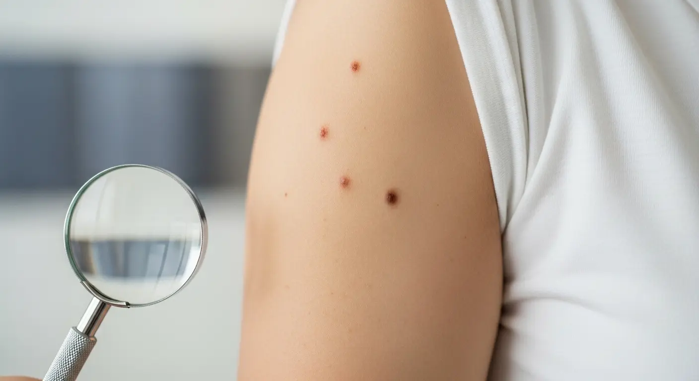 腕に複数のほくろがある様子と皮膚科の診察をイメージした画像