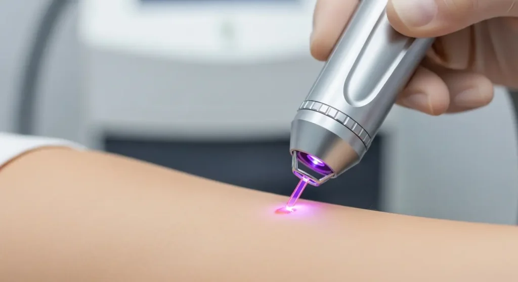 炭酸ガスレーザーを用いて腕のほくろを蒸散させている様子