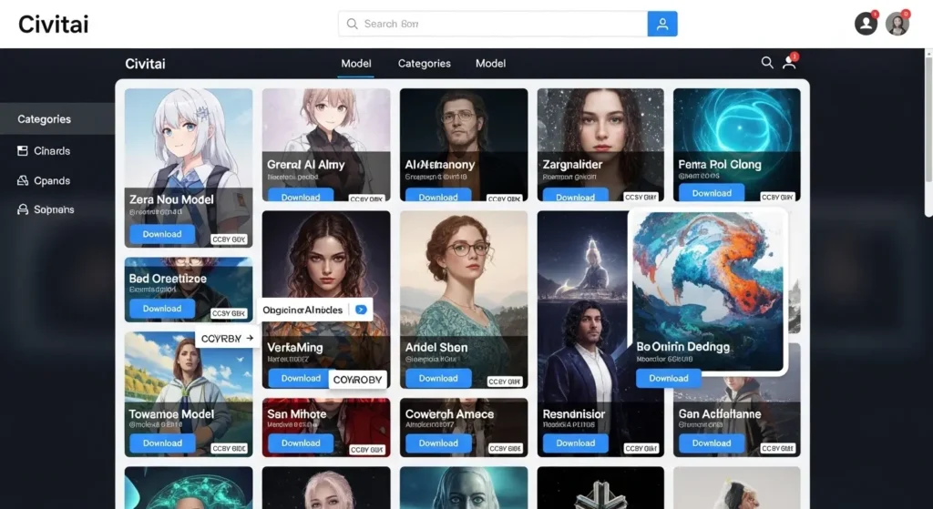 Civitaiのモデル配布ページとダウンロードボタンの案内