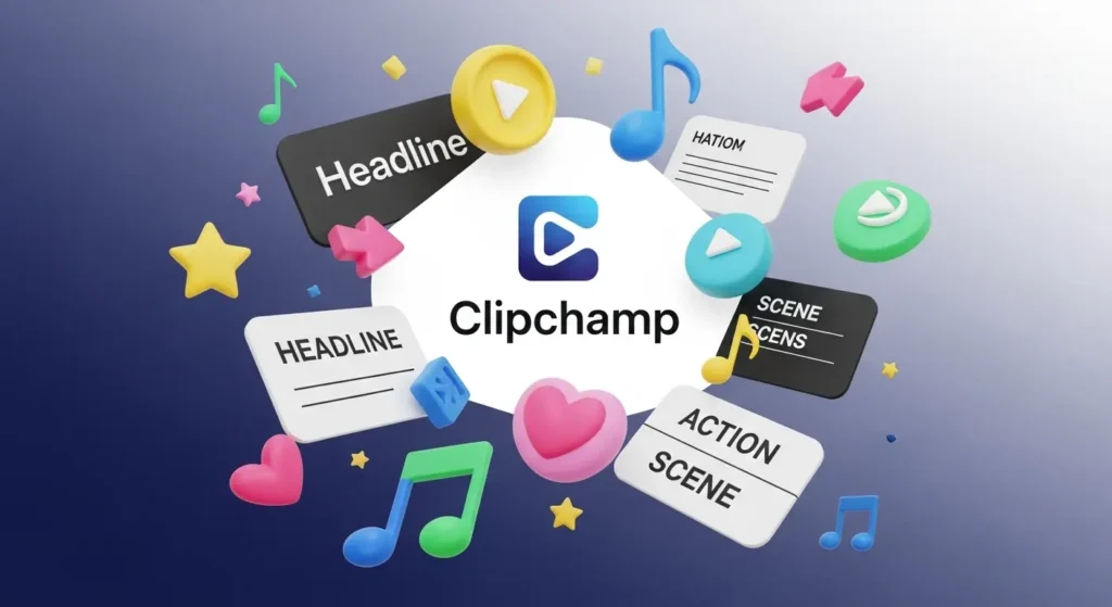 Clipchampの豊富な無料機能とストック素材のイメージ