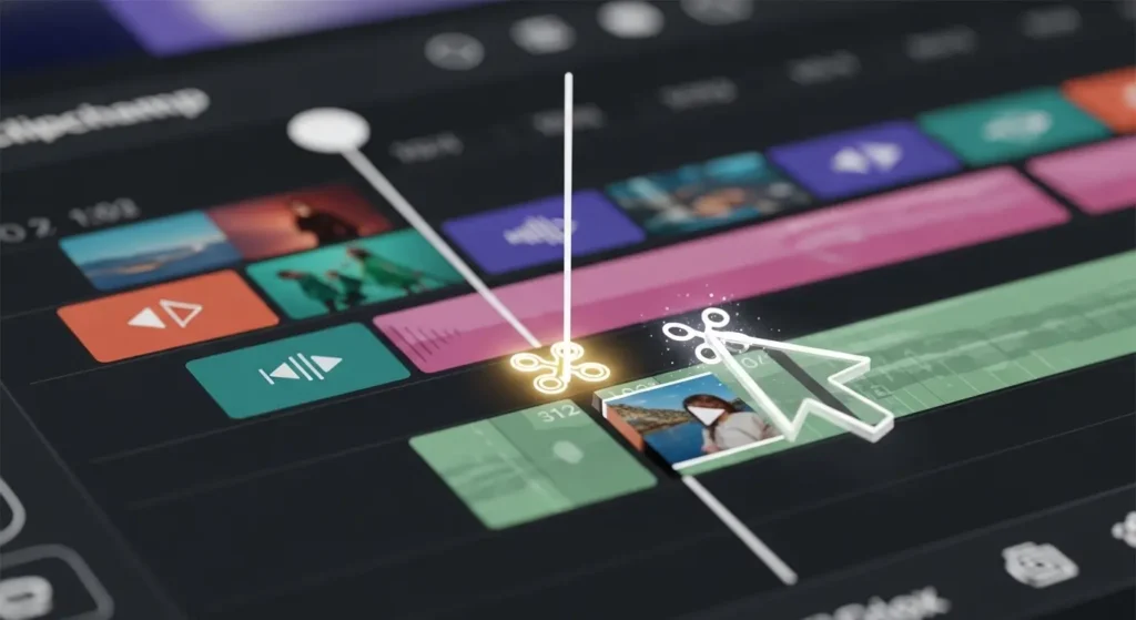 Clipchampのタイムライン上で動画を分割（スプリット）する操作画面