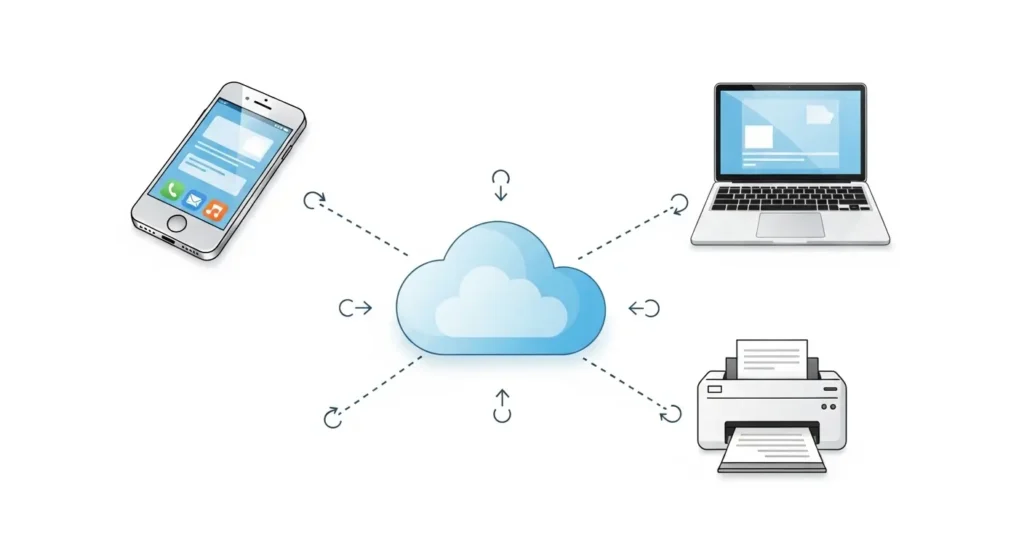 クラウドを経由したドライバーレス印刷の仕組み図