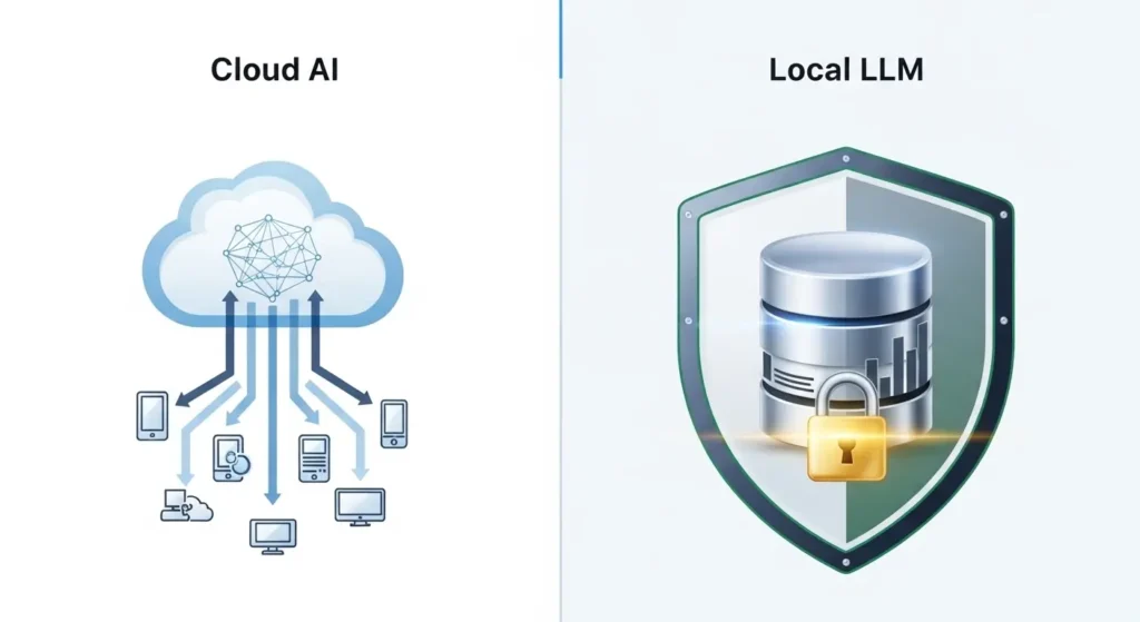 クラウドAIとローカルLLMのデータフローの違いを示す比較図