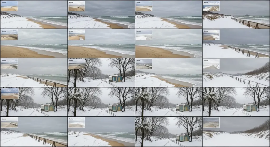 API経由で一括処理された、複数のビーチ写真が雪景色に変換された結果一覧