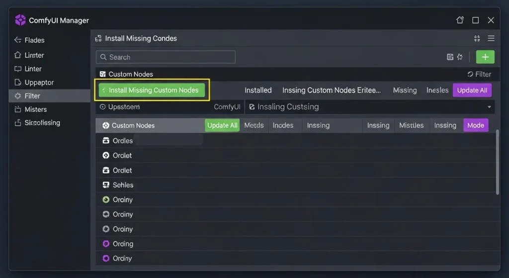 ComfyUI Managerで不足しているカスタムノードを検索・インストールする画面