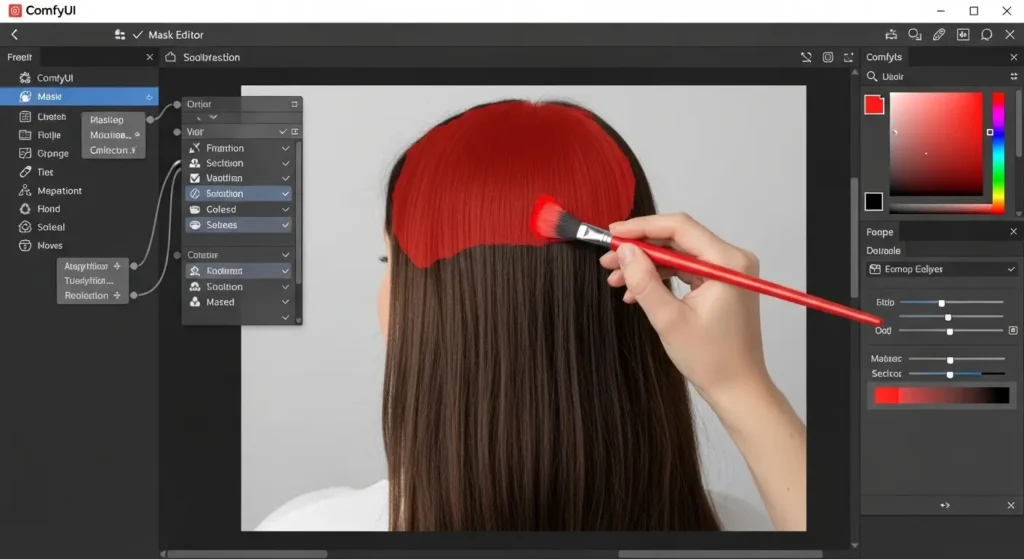ComfyUIのマスクエディターで人物の髪の毛を選択して赤く塗っている様子