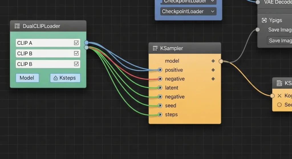 ComfyUIでのFlux 1 Kontext用DualCLIPLoaderとノード接続の詳細図