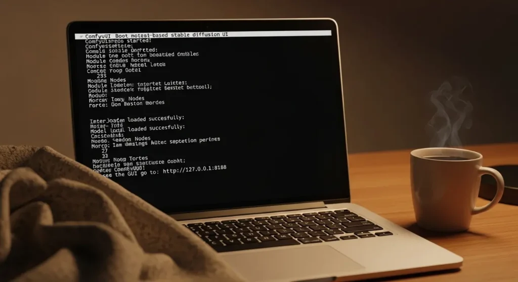 すべてのモデルが正しく読み込まれ、正常に起動したComfyUIのコンソール画面