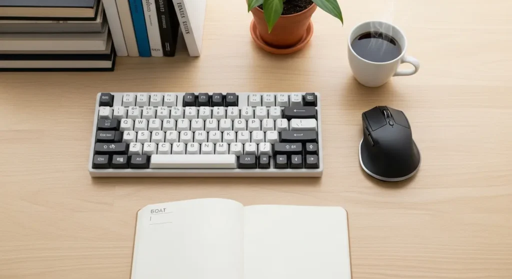 コンパクトなキーボードを使用してデスクスペースを広く確保した様子
