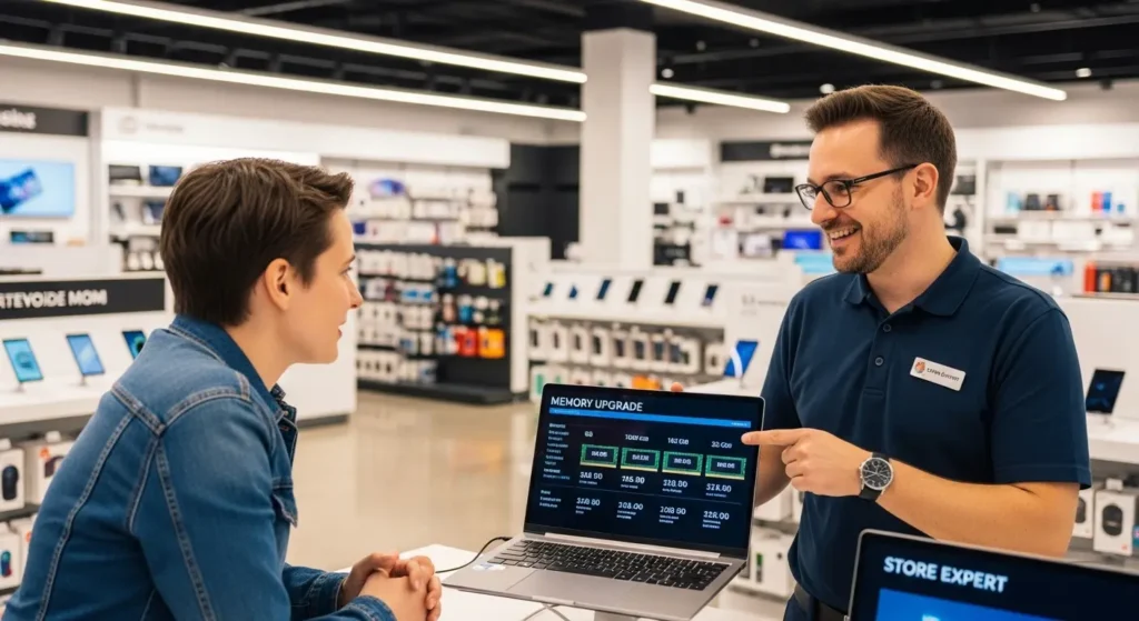 店舗でPCのスペックについて相談する様子