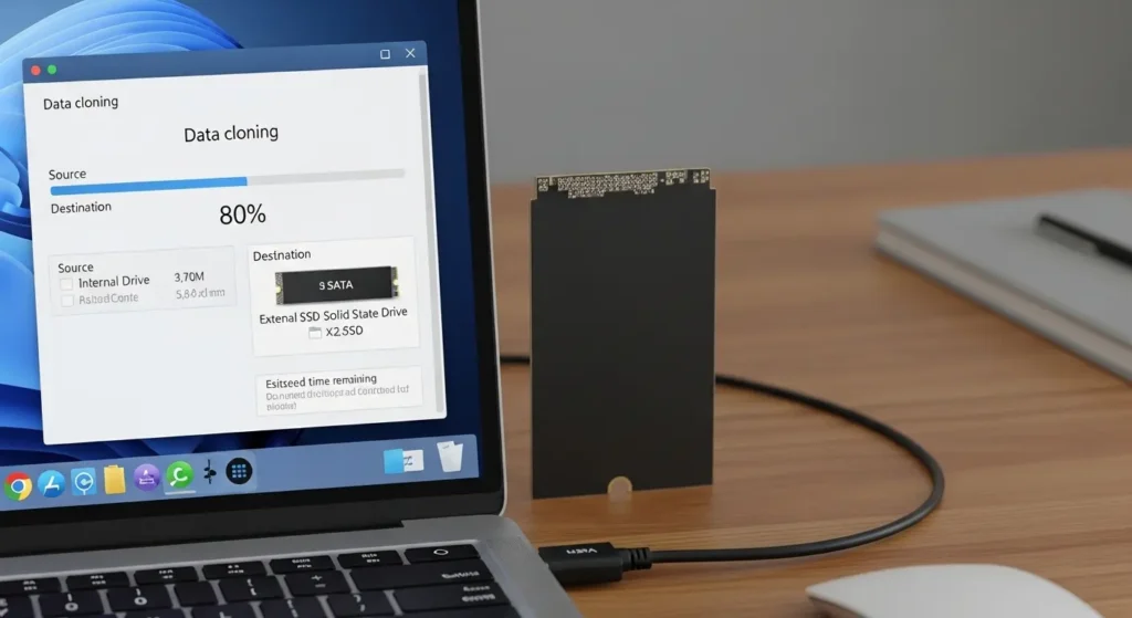 クローンソフトを使用してHDDからSSDへデータをコピーしているPC画面