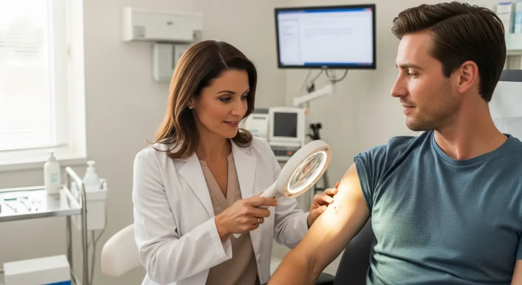 皮膚科で二の腕のブツブツを診察してもらう様子