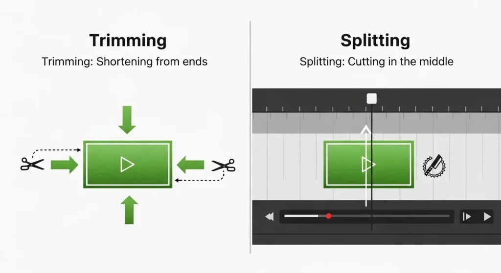 動画のトリミングと分割の違いを説明した図解