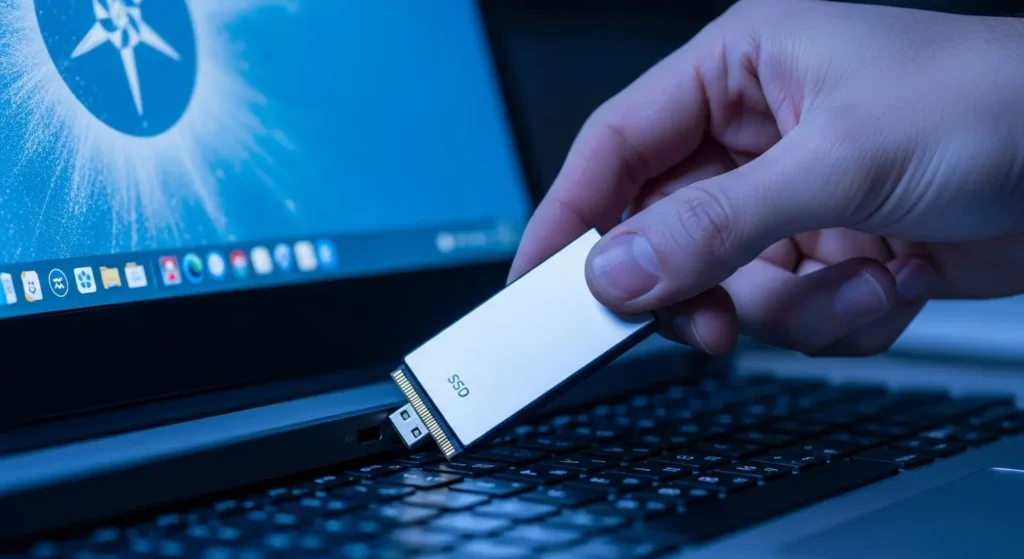 フリーズ中に外付けSSDを取り外す様子