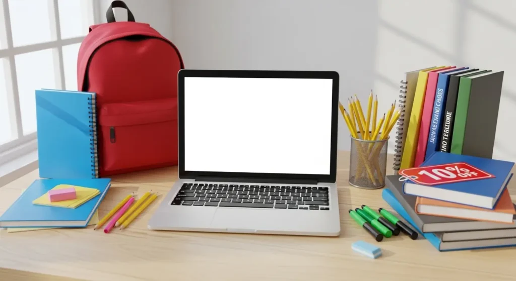 文房具や本、パソコンなどが並んだ学生向け特典のイメージ