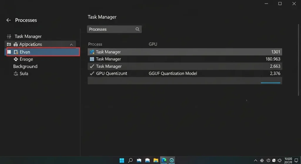 GGUF量子化モデルを使用し、GPUメモリ消費を抑えて動作しているタスクマネージャーの画面