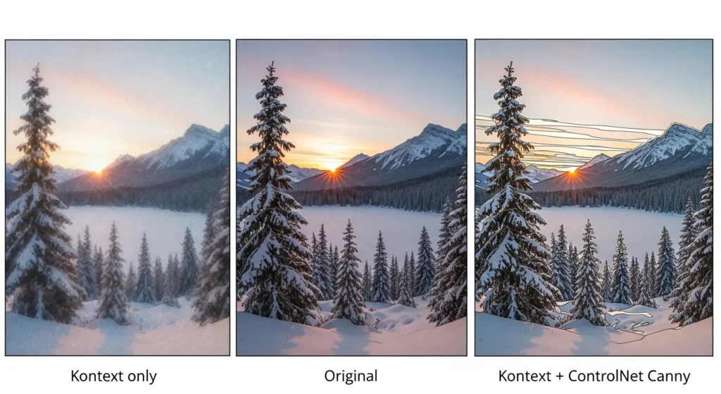 Flux 1 Kontext単体とControlNetを併用した場合の、衣装の細部維持能力の比較画像