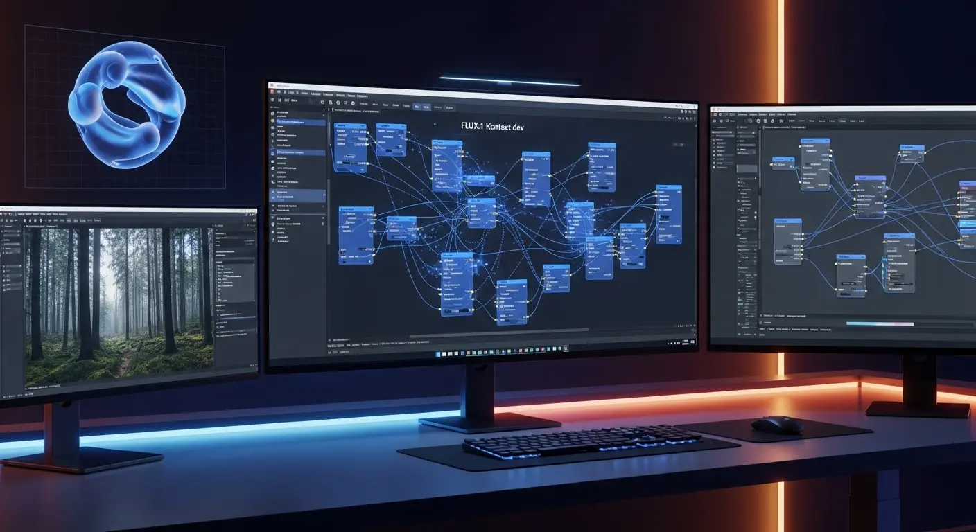 FLUX.1 Kontext devとComfyUIを活用した画像編集開発のワークフロー画面。