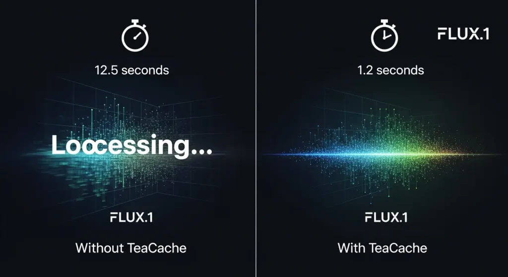 TeaCache技術を用いたFLUX.1の推論速度向上を示す比較表。