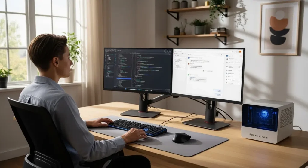 ローカルAIアシスタントと共に働く未来のオフィス風景