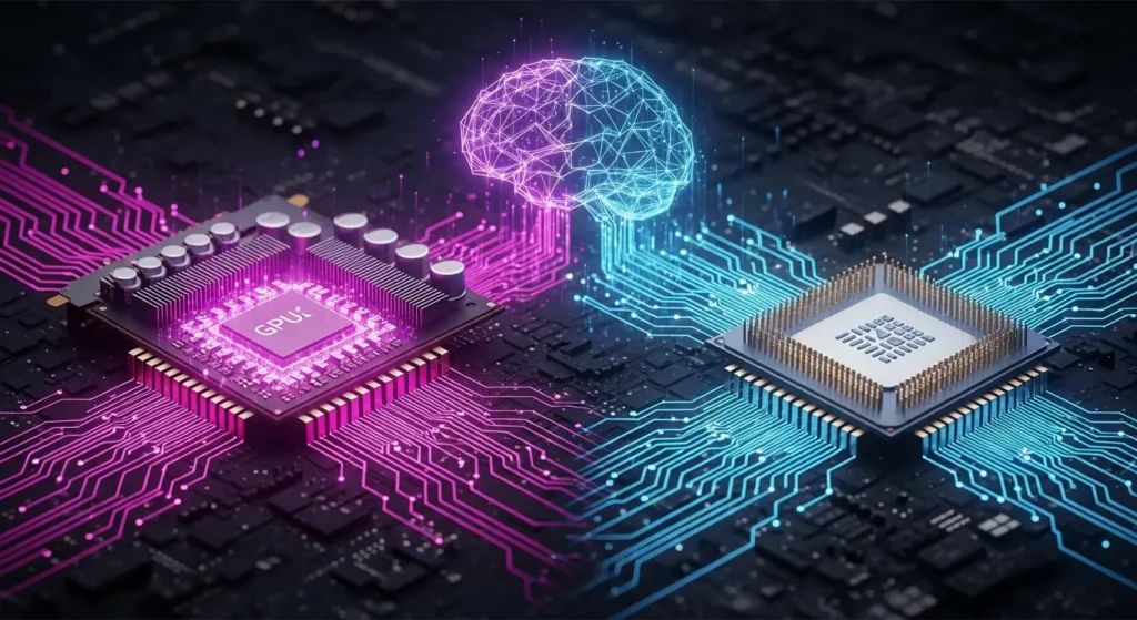 GPUとCPUによるAI推論の仕組みを示すイラスト