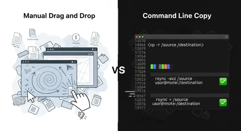 手動コピーとコマンドコピーの効率比較インフォグラフィック