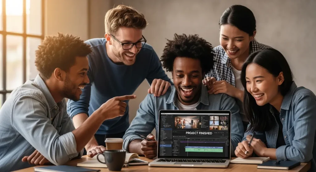 完成した動画をみんなで見て喜んでいる人たち