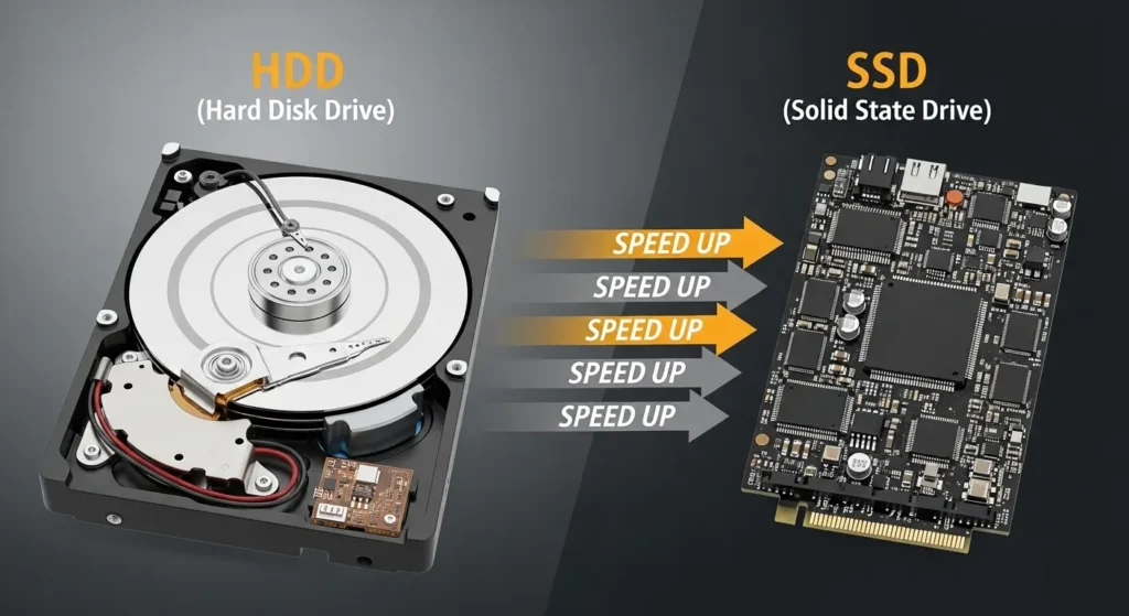 HDDとSSDの構造の違いと速度差を示す比較画像