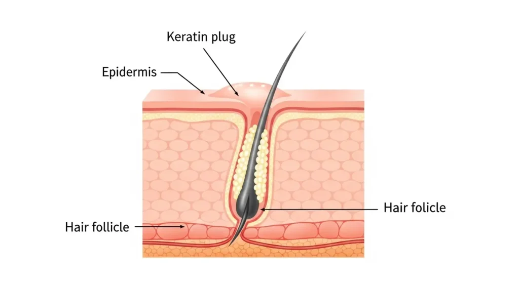 毛孔性苔癬のメカニズムを示す皮膚の断面図