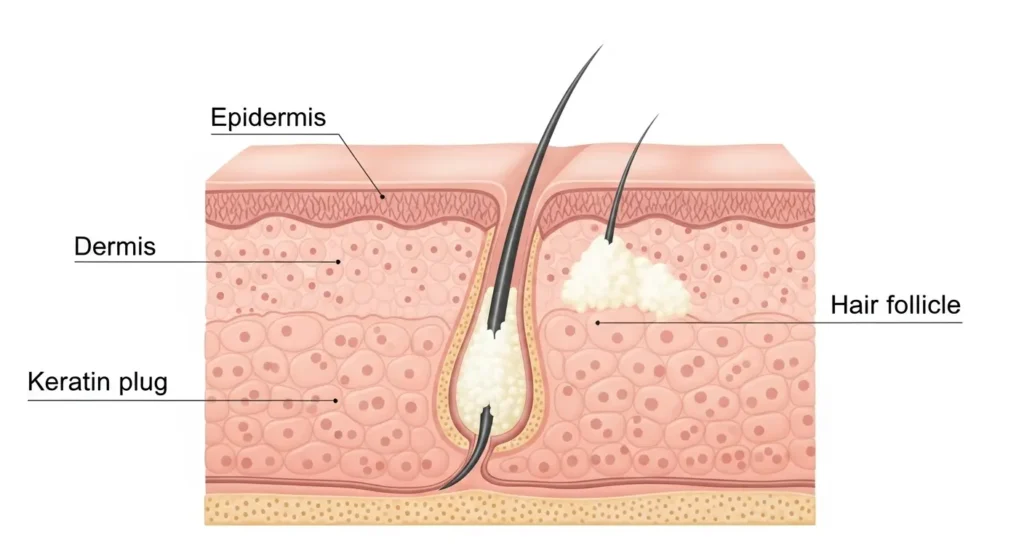 毛孔性苔癬によって毛穴に角質が詰まる仕組みの断面図
